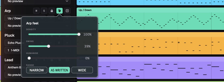 The Arp feel panel open over the Up / Down arp: Density 100%, Swing 39%, Humanise 0%, and Range set to As written, with Narrow and Wide as the other choices